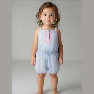 Carter's Girls Romper Size 6 Months Blue White Ticking Stripe Neon Pink NEW‎
